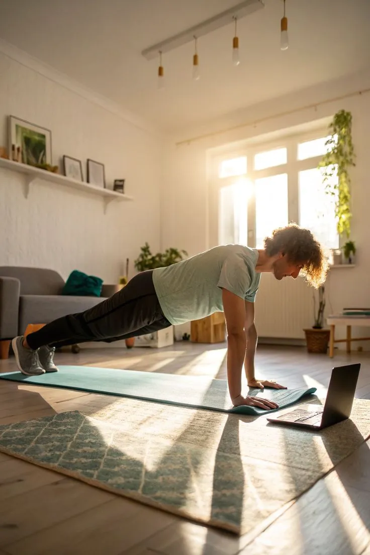 Home fitness session in a bright living room